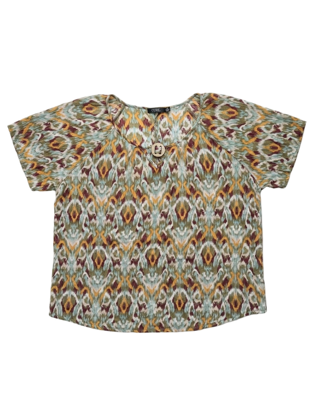 CURE Ikat Print Blouse Green Yellow Red Geometric Short Sleeve Top 2XL